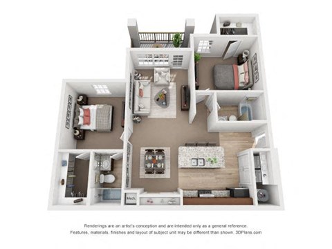 Floor plan for 2 beds, 2 baths, 1002 sqft